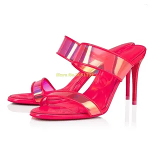 Slippers Clear PVC Strap Stiletto Heel Mules Thin High Red Green Open Toe Fashion 2024 Summer Women Dress