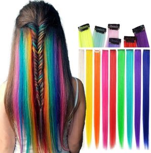 1PC20quot lång rak falska färgade hårförlängningar i höjdpunkt i Rainbow Hair Streak rosa syntetiska hårsträngar2988150