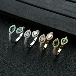 Band Trendy Women's Green Color Water Drop Design Full Finger Luxury Cubic Zircon Wedding Engagement Party Wrap Ring Smycken HXR002