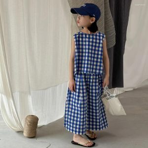 Clothing Sets Children's Set 2024 Summer Girls Korean Checkered Tank Top Wide Leg Pants Two Piece For Casual Loose