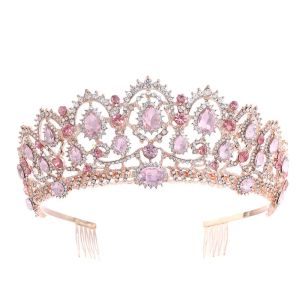 Biżuteria Pink Crown Vintage Baroque Queen King Fryzury Pearl Crystal Tiary i korony z grzebieniami opaski na głowę diademem norszestone