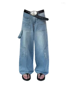 Женские джинсы дизайн широкие брюки с ногами вымыты синие уютные высокие талию в полно расстоянии карманы повседневные джинсовые брюки корейский качество
