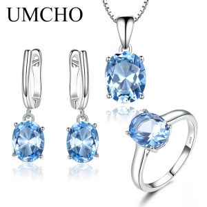 Necklaces UMCHO Sky Blue Topaz Gemstone Wedding Jewelry Sets for Women 925 Sterling Silver Engagement Rings Necklace Pendant Clip Earrings