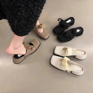 Casual Shoes Retro Thick Heel Bao Head Half Slippers Women Wear 2024 Spring And Summer Square Fairy Slip-on Single