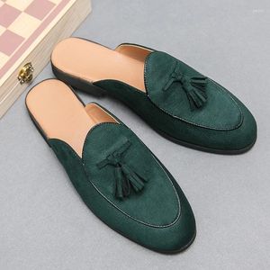 Sapatos casuais moda tassel camurça couro homens verdes metade para homem chinelos de luxo sandálias de sandálias respiráveis