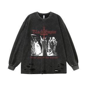 Shirts Black Empire Ripped T Shirts Goth Men Long Sleeve Y2k Grunge Tshirts Oversized Retro Men Clothes Haruku Anime Streetwear Tops