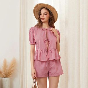 TRABALHOS femininos WPNAKS Mulheres casuais 2 peças conjuntos curtos roupas de dormir roupas de verão puff manga gravata tampa frontal e shorts set loungewear