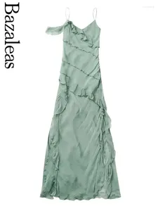 Casual Dresses Bazaleas Store BazaleasElegant Evening Dress Green Chiffon Asymmetrical Ruffle Midi Party Women's Official