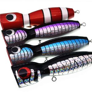 アクセサリーSwolfy 4pcs 175mm 120g Saltwater Wood Popper Fishing Lure Big Game Topwater Trolling Lures 8 Colors Handcraf Wood Fishing Bait