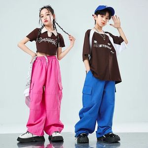 Stage Wear Kids Ballroom Hip Hop Clothing Tshirt Casual Blue Pink Cargo Pants Streetwear For Girl Boy Jazz Dance Costume Showing Clothes