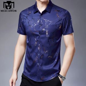 Shirts New Summer Short Sleeve Dress Shirts Men Silk Cotton Fashion Print Casual Shirts Slim Fit Chemise Homme Men Clothing C779