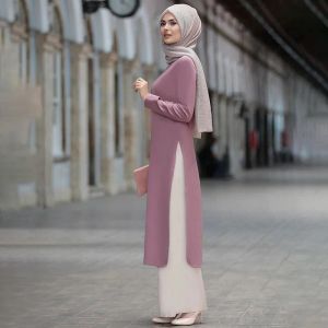 Kläder Turkiet Islamiska Ramadan Kläder Kaftan Tvådel Muslim Long Top and Pants Set for Women Split Abaya Dresses Set Modest