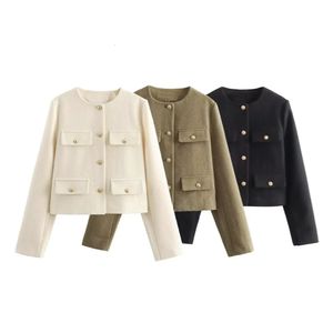 Unizera 겨울 제품 여성 패션 및 캐주얼 다목적 라운드 넥 플립 장식 짧은 양복 코트 240407