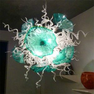 Tiffany Style Pendant Lamps Living Room Decor Lighting LED Transparent Turquoise Handmade Glass Flower Chandelier for Art Decoration 32 Inches