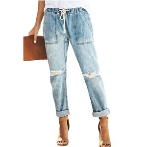 Projektant bandaż mody streetwear Rubled Woman Worbgy dżinsy w stylu amerykański strzępione dziury Burr Edge szeroko nogi spodni spodnie