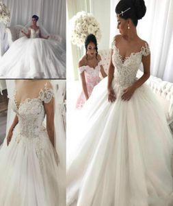 Luxury Lace Applique Tulle Pearl VNeck OffShoulder Wedding Dress Ball Gown Beaded Sleeveless Church Vintage Bridal Gowns 3342736