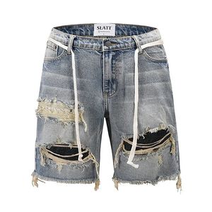 High Street Big Hole Versatile Loose Denim Shorts Slatt American Fashion Damaged Burr Edge Hanging Beard Washed 240417