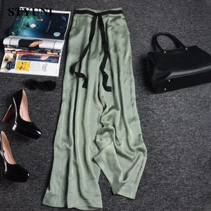 Chiffon Loose Straight Elastic High Waist Bow Lace up Womens Pants Solid Casual Korean Fashion Fulllength for Women 240410