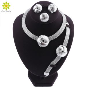 Necklaces Exquisite Dubai Silver Plated Necklace Earrings Set Wedding Accessories Jewelry Set African Women Costume Jewelry Set