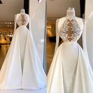 Elegant High Neck Mermaid Wedding Dresses Pearls Sequins Bridal Gowns Detachable Train Long Sleeve Illusion Brides Dress Vestidos De Novia