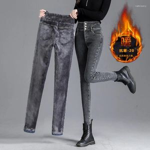 Женские джинсы 2024 г. похудение с высокой талией для женщин: зимний стиль слабые леггинсы джинсовые брюки с упругим пояской