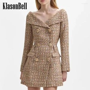 カジュアルドレス12.6 Klasonbell Gold Tweed Teed Teed Elegant Off-Shoulder Collect Waist Long Sleeve Mini Dress Women