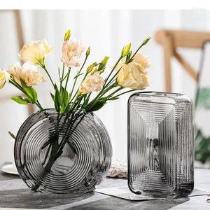 Vase透明な垂直ストライプガラス花瓶水耕植林鍋デスク装飾人工装飾花のアレンジ