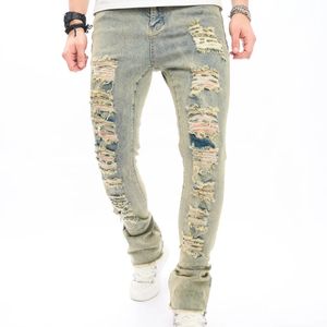 Moda Vintage Delikler Erkekler Hip Hop İnce Kot Pantolon Erkek Sokak Giyim Yırtılmış Katı Katı Jogging Denim Pantolon 240420