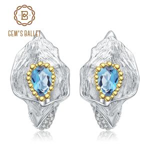 Earrings GEM'S BALLET 1.68Ct Natural Swiss Blue Topaz Callalily Leaf Earrings 925 Sterling Silver Handmade Stud Earrings for Women Bijoux