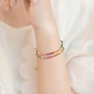 Strängar Natural Ultrafine Rainbow Tourmaline Armband Elastic Rope 14K Silver Goldplated Extended Chain Hand String Girl Gift