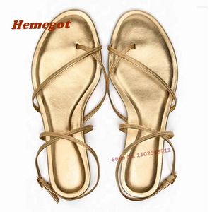 Casual Shoes Gold Pinch Toe Flat Sandals Cross Ankle Strap Buckle Women's Low Heels Glossy Solid Flip-Flops Summer Outside Vacation