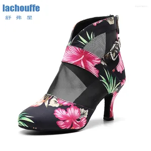 Dance Shoes Woman Flower Print Latin Ballroom Boots Black High Salsa Bachata Dancing For Ladies Heel Booties