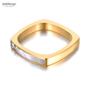 Bandas Jeimango Titanium Aço inoxidável quadrado geométrico quadrado rings de zircônia cúbica 18K anel de casca de boêmia para mulheres JR21028