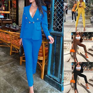 Conforto e estilo Blazer de manga longa feminina com calças de perna reta em tecido saudável para o outono e inverno