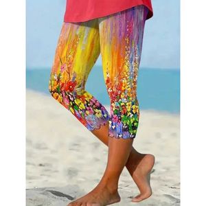 Pantaloni da donna Capris Summer Womens Painting Stamping Slim Adatting Lace Lecce Casual Colorful Flower Timmed Cropped Pants Y240422