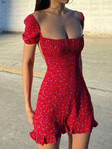 Sukienki imprezowe Seksowna minijana mini sukienka kwadratowa Square Szyja Kwiatowa plaża Linia Linia Backless