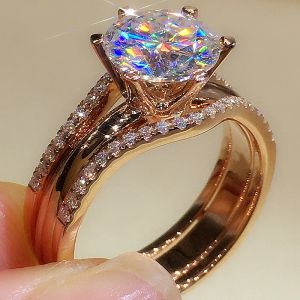 バンドHuitan Luxury Rose Gold Color Cubic Zirconia Rings for Aesthetic Wedding Engagement Bands Accessories New Trendy Jewelry