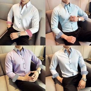 Layered Double Color Blocking Collar with A High-end Feel, Checkered Contrasting Black Button Business Casual Slim Fit Long Sleeved Shirt for Men