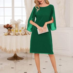 Lässige Kleider Frauen Chiffon Kleid 3/4 Blütenblatthülsen Crew Nacken Lose Fit Knielänge V-Back gerade Party Abend Elegantes Kleid