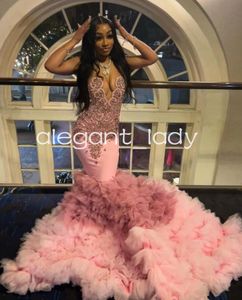 Rose Pink Sparkly Long Evening Birthday Gala Dresses for Black Girl 2024 Luxury Diamond Crystal Mermaid Prom Ceremony Dress