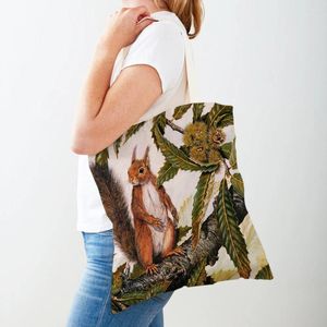 Shopping Bags Women Bag Bird Squirrel Print Both Sided Shopper Reusable Canvas Cartoon Animal Casual Tote Shoulder Handbag