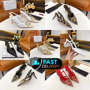 2024 Summer Designer Heel New Rivet High-Heeled Shoes Dress Shoes Women Naken Color Leather Shallow Pointed Toe Sexy Party 35-41