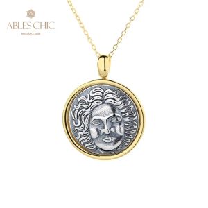 Teryaklar Yunan Helios Gümüş Para Cazibesi 18K Altın İki Ton Solid 925 Silver Roman Para Kolye Sadece N1086