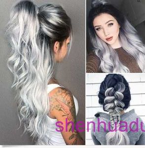 Designer Human Wigs Hair for Women Modyable Black Silver and Grey com uma cor de gradiente 3D na capa da peruca na parte superior que simula grande estilo piaomo de cabeça