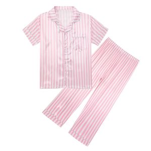 2st barn Sleepwear Girl Sweet Striped Mock Silk Satin Pyjamas Set Child Teen Cool Friendly Short Sleeve Pyjamas Nightwear 240408