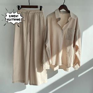 2023 Summer Trend Cotton and Linen Shirt Suit High Waist Loose Trousers Elegant Women Sets Two Piece Set for 240407