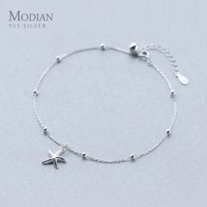 Fußkettchen Modian Heißverkauf Starfish Leichte Perlen Ankettchenkette für Frauen Real 925 Sterling Silber Bein Kette Verknüpfung Mode Feine Schmuck Geschenke