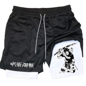 Anime Performance Shorts Toji Tryckt Men Gym Casual Sports Workout Running Mesh 2 In 1 Sport Short Pants 240408