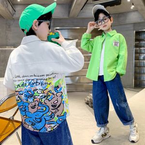 T-shirts Spring Summer Boys Shirts Cartoon Printing Cotton Shirt Coat Kids Clothes Teenage Boys White Shirt Long Sleeve Tops for Children