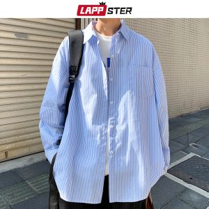 Skjortor lappster män koreanska mode långa ärmskjortor 2023 vårmens randig blå vintage skjorta manlig bomullsknapp upp blus 5xl